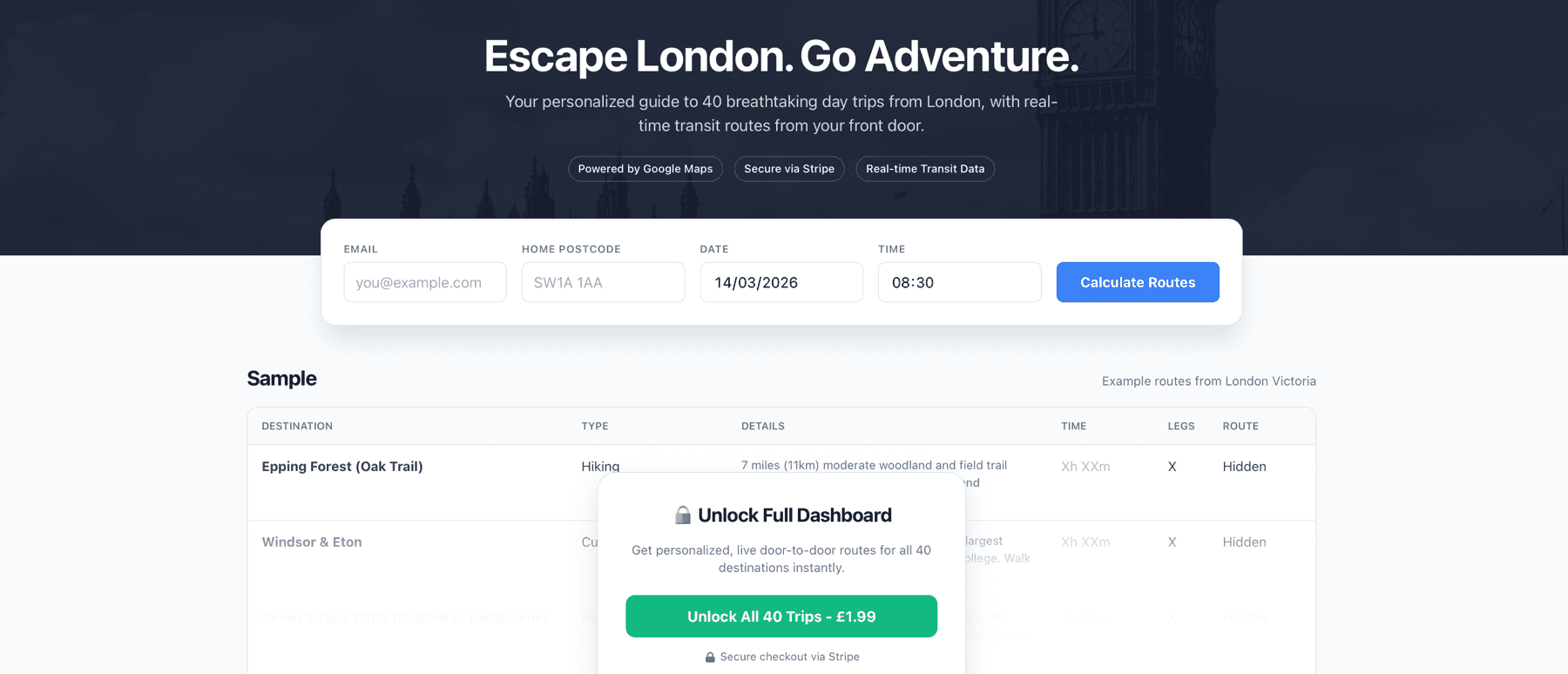 Escape London — day-trip route planner landing page