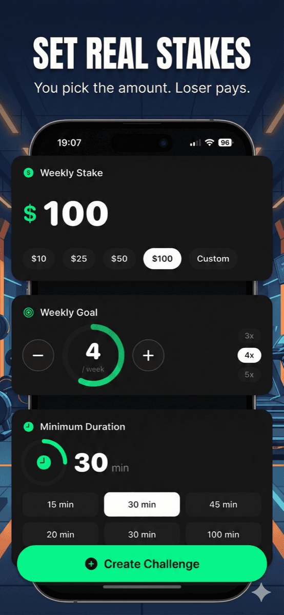 SweatBet — set real stakes screen